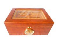 Humidor 50 szál szivar részére, cédrusfa, mintás üvegtető, párásító, külső hygro